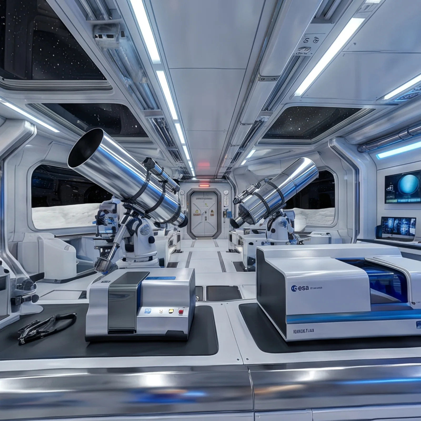 KI-generierter Raum im Helios Virtual Labor: Gang mit Teleskopen und Fenstern zur Mondlandschaft