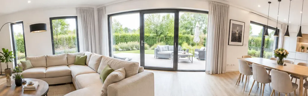KI-generiertes Bild: Wohnraum mit Ecksofa, Terrassentür zum Garten und Esstisch