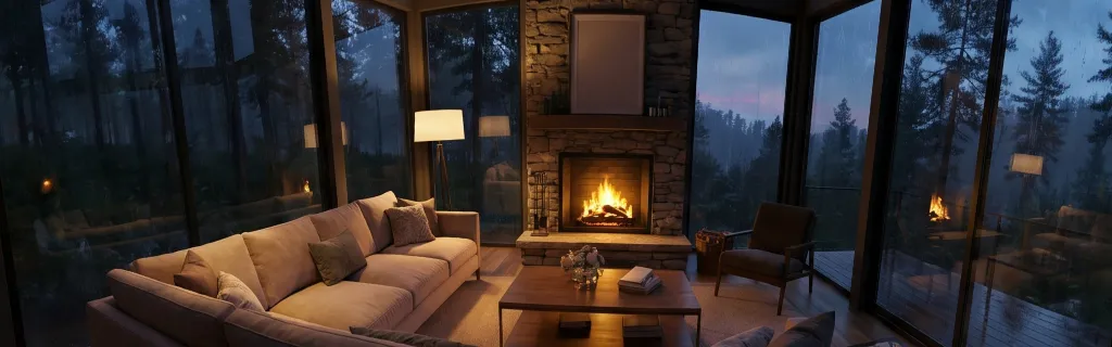 KI-generiertes Bild: Wohnraum am Abend mit Sofa, Kamin und Fenstern zum Wald