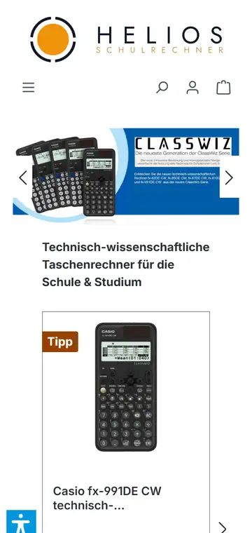 helios-schulrechner.de auf dem Handy mit dem ClassWiz-Banner